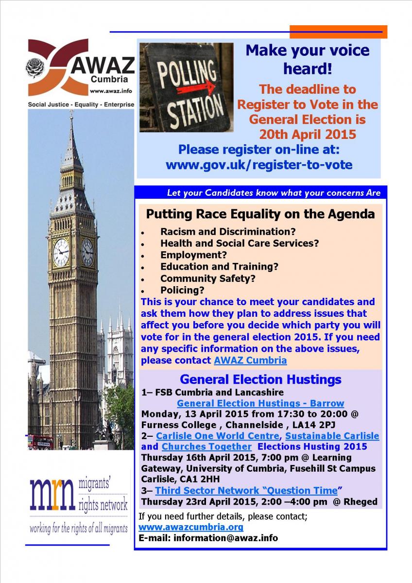 AWAZ information Flyer BME Voter Registration Campaign in Cumbria